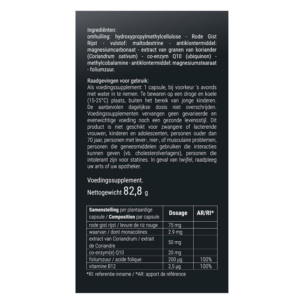 Productverpakking. Opschrift: CholixX Red 2.9, 240 plantaardige capsules. Ingrediënten: Rode Gist Rijst, Co-Enzym Q10, Koriander.