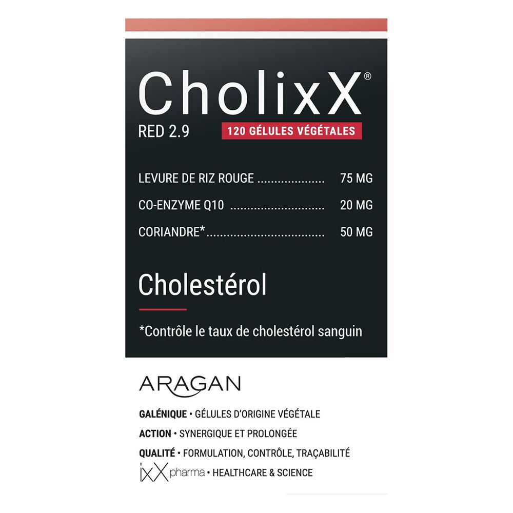 Emballage de CholixX Red 2.9. Couleurs rouge et noir. Texte sur les ingrédients et le cholestérol.