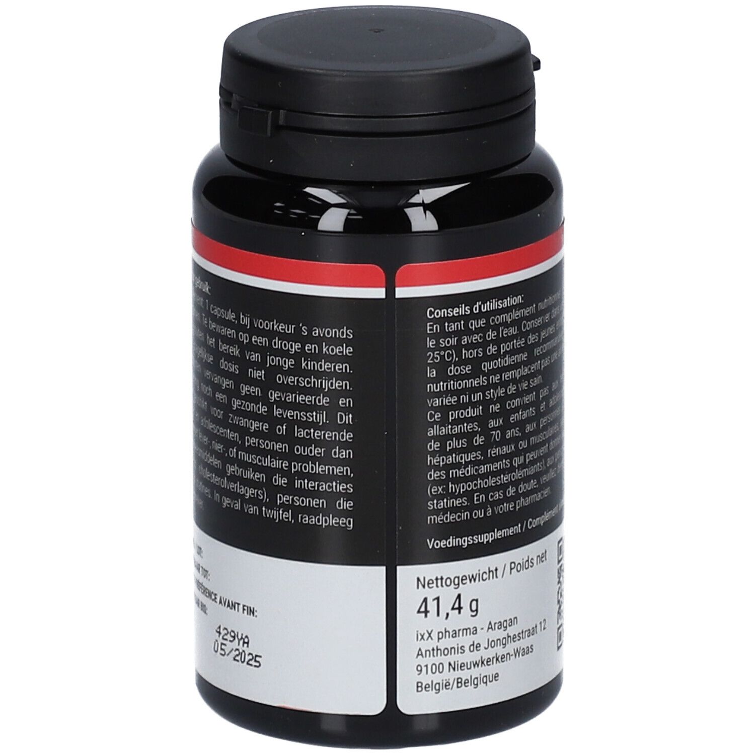 Flacon noir avec étiquette rouge. Contient des gélules CholixX Red 2.9. Texte et code QR.