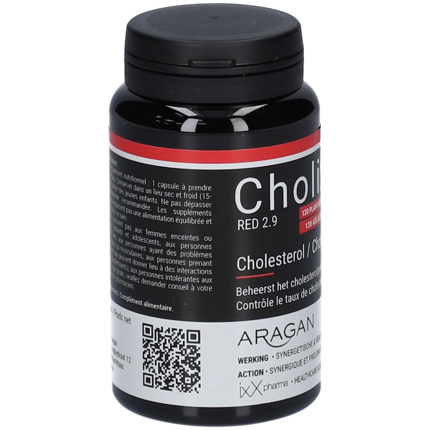 Flacon noir avec étiquette rouge. Contient des gélules CholixX Red 2.9. Texte et code QR.