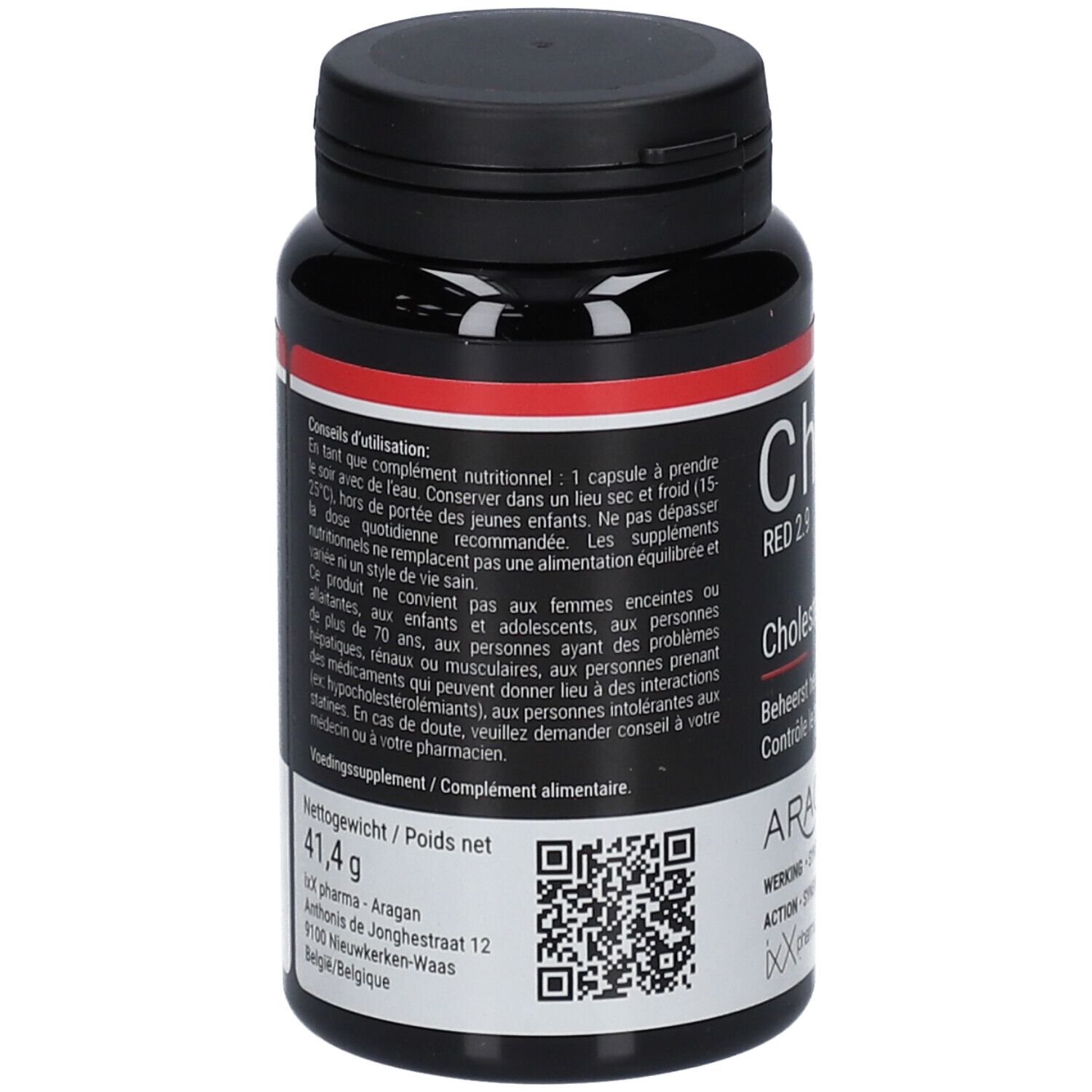Flacon noir avec étiquette rouge. Contient des gélules CholixX Red 2.9. Texte et code QR.