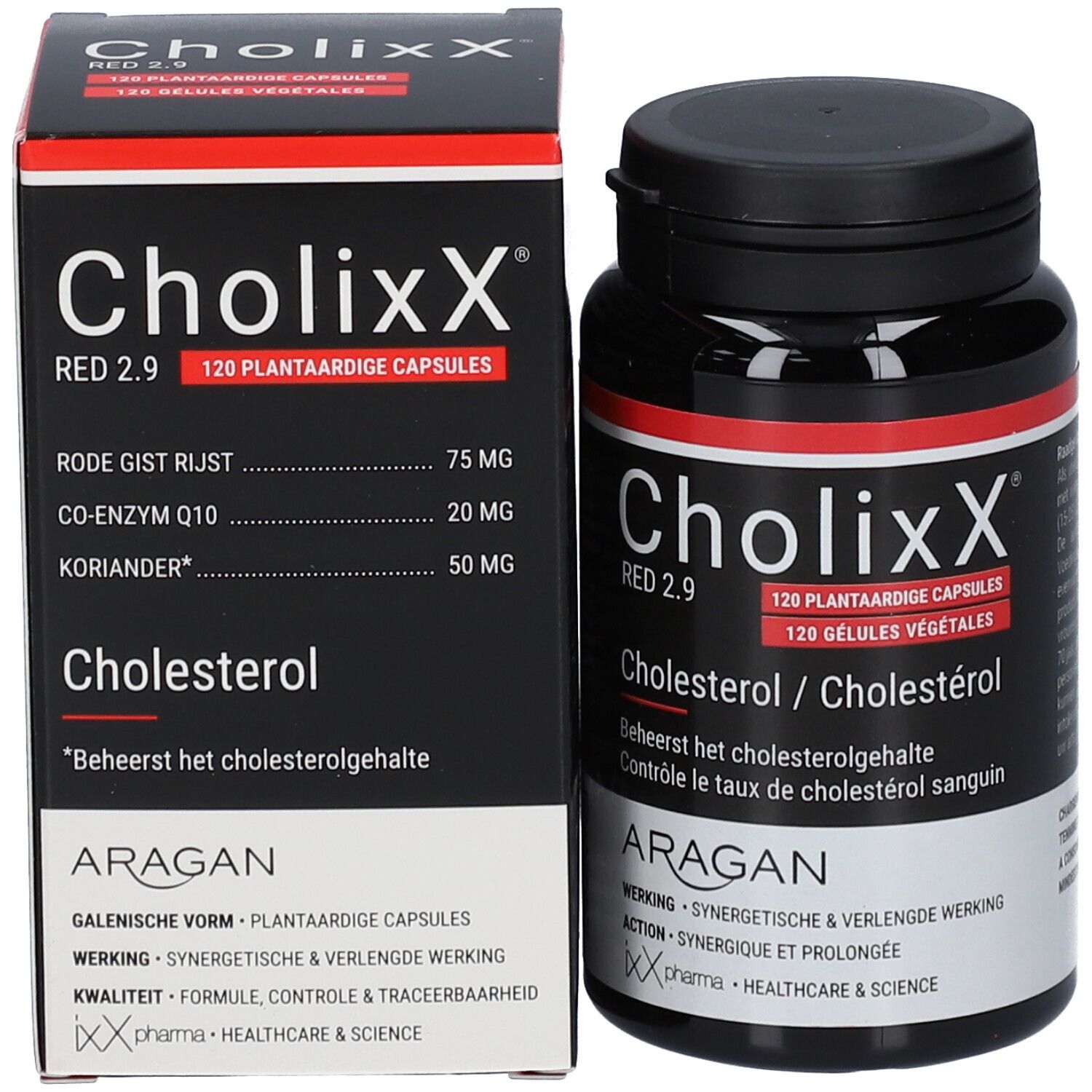 Emballage du produit avec gélules CholixX Red 2.9 et un flacon. Couleurs noir et rouge.