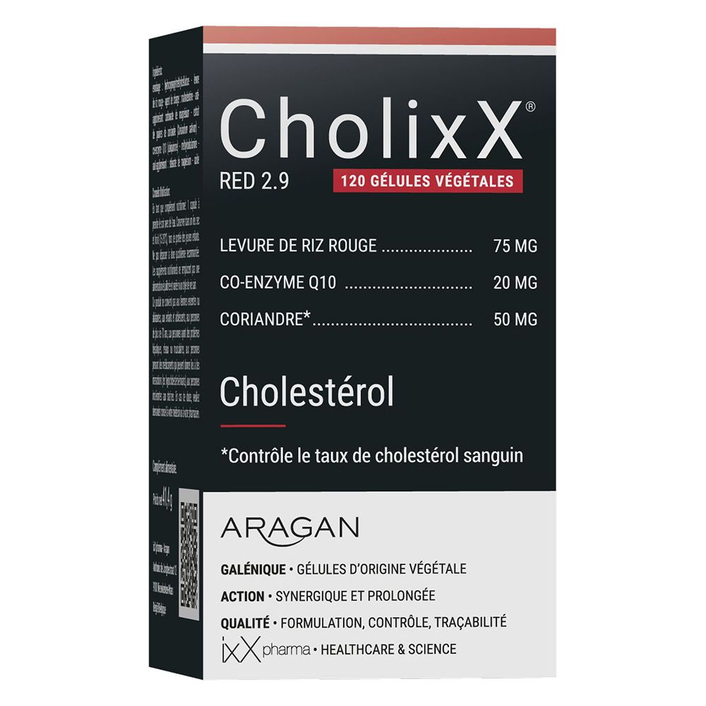 Emballage de CholixX Red 2.9. Couleurs rouge et noir. Texte sur les ingrédients et le cholestérol.