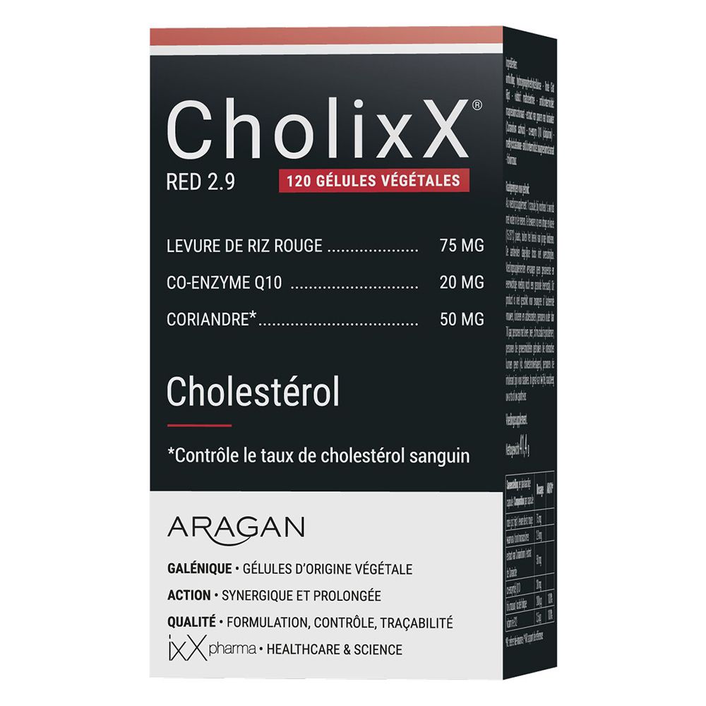 Emballage de CholixX Red 2.9. Couleurs rouge et noir. Texte sur les ingrédients et le cholestérol.