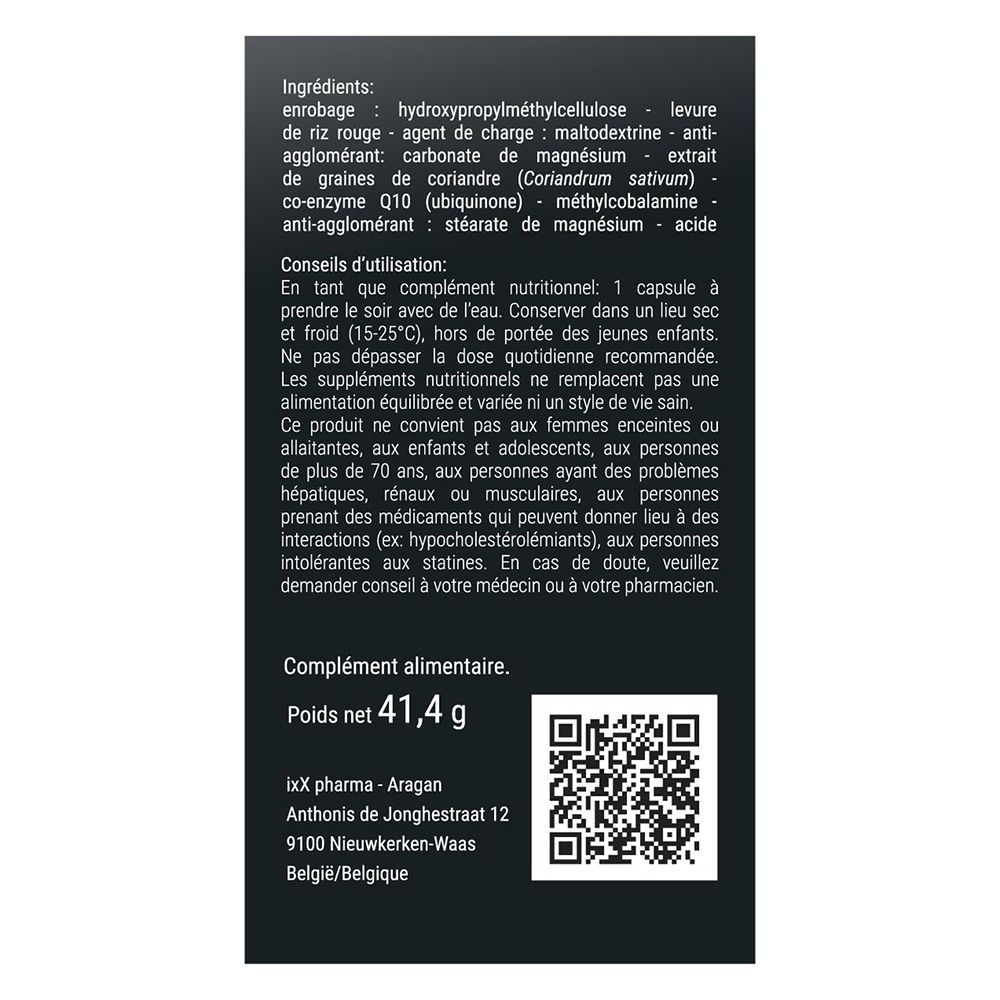 Emballage de CholixX Red 2.9. Couleurs rouge et noir. Texte sur les ingrédients et le cholestérol.
