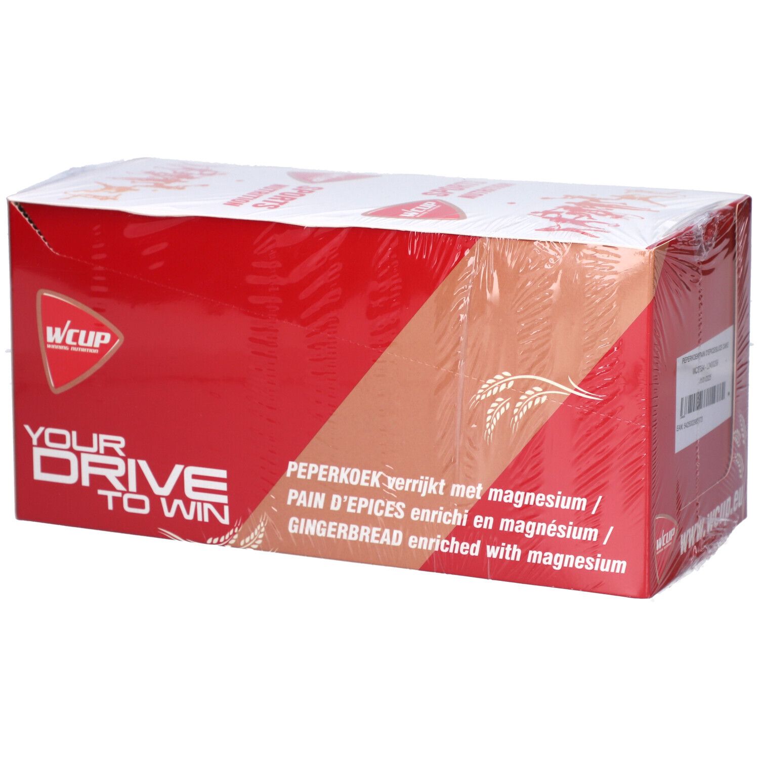 Rote Verpackung mit Text und Logo. Aufschrift: WCUP, Your Drive To Win. Text: Peperkoek verrijkt met magnesium.