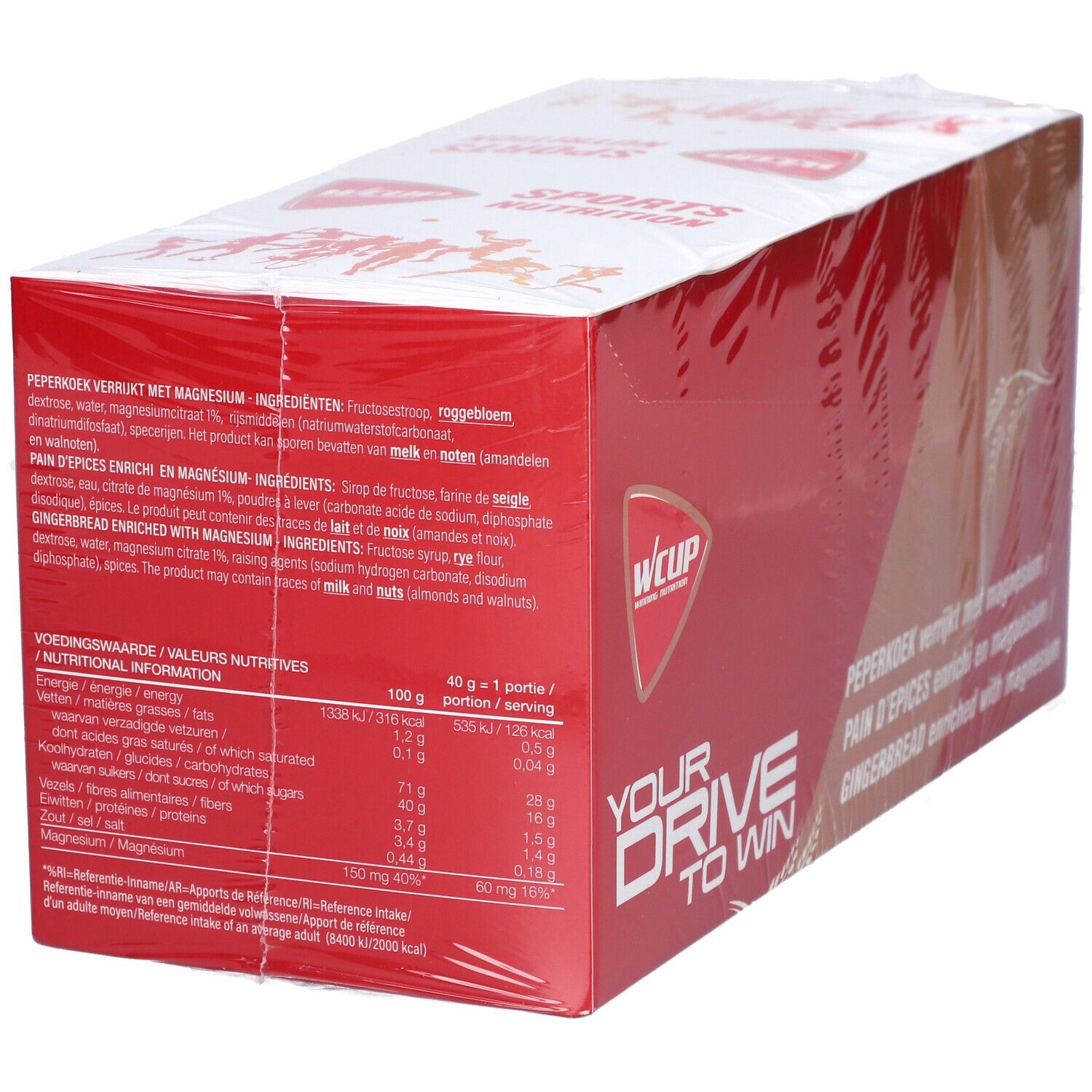 Rote Verpackung mit Text und Logo. Aufschrift: WCUP, Sports Nutrition. Text: Peperkoek verrijkt met magnesium.
