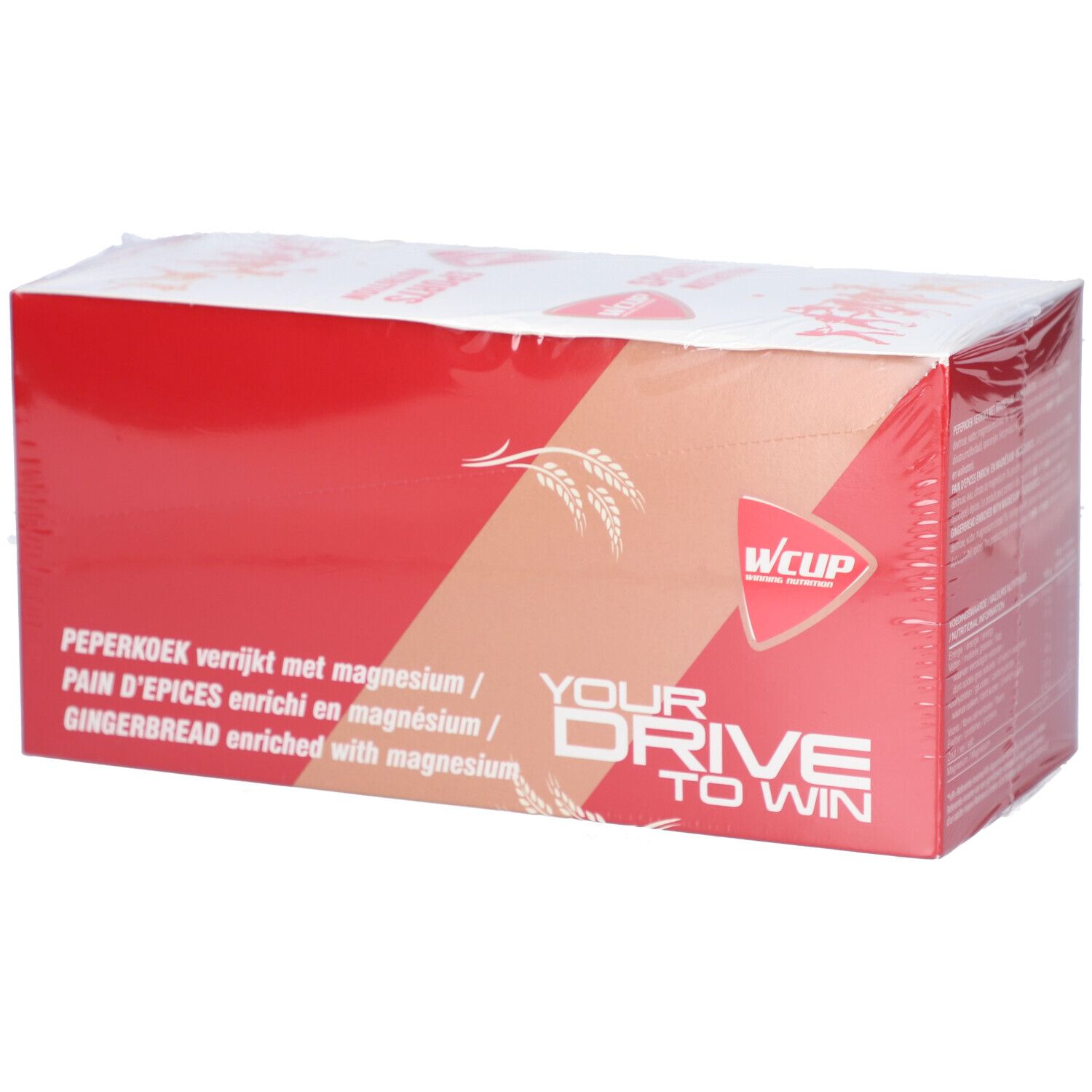 Rote Verpackung mit Text und Logo. Aufschrift: WCUP, Your Drive To Win. Text: Peperkoek verrijkt met magnesium.