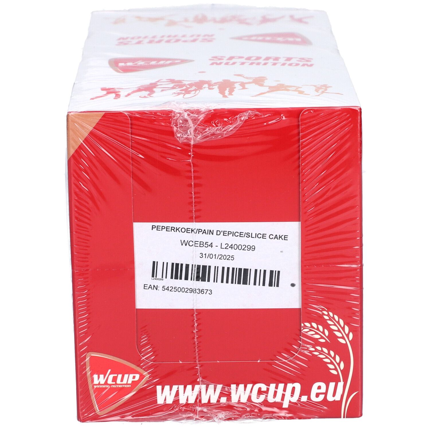 Rote Verpackung mit Text und Logo. Aufschrift: WCUP, www.wcup.eu. Text: Peperkoek/Pain d'épice/Slice Cake.