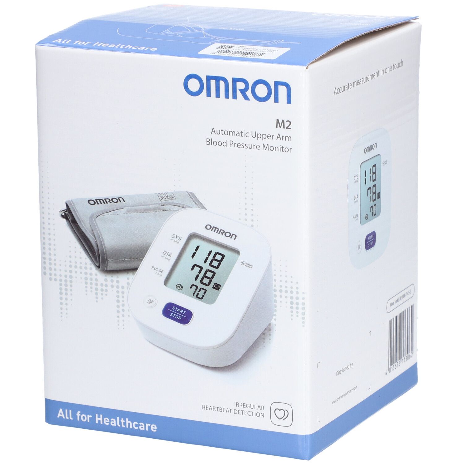 Omron M2 bloeddrukmeter met manchet en display. Verpakking met productafbeelding en meetwaarden.