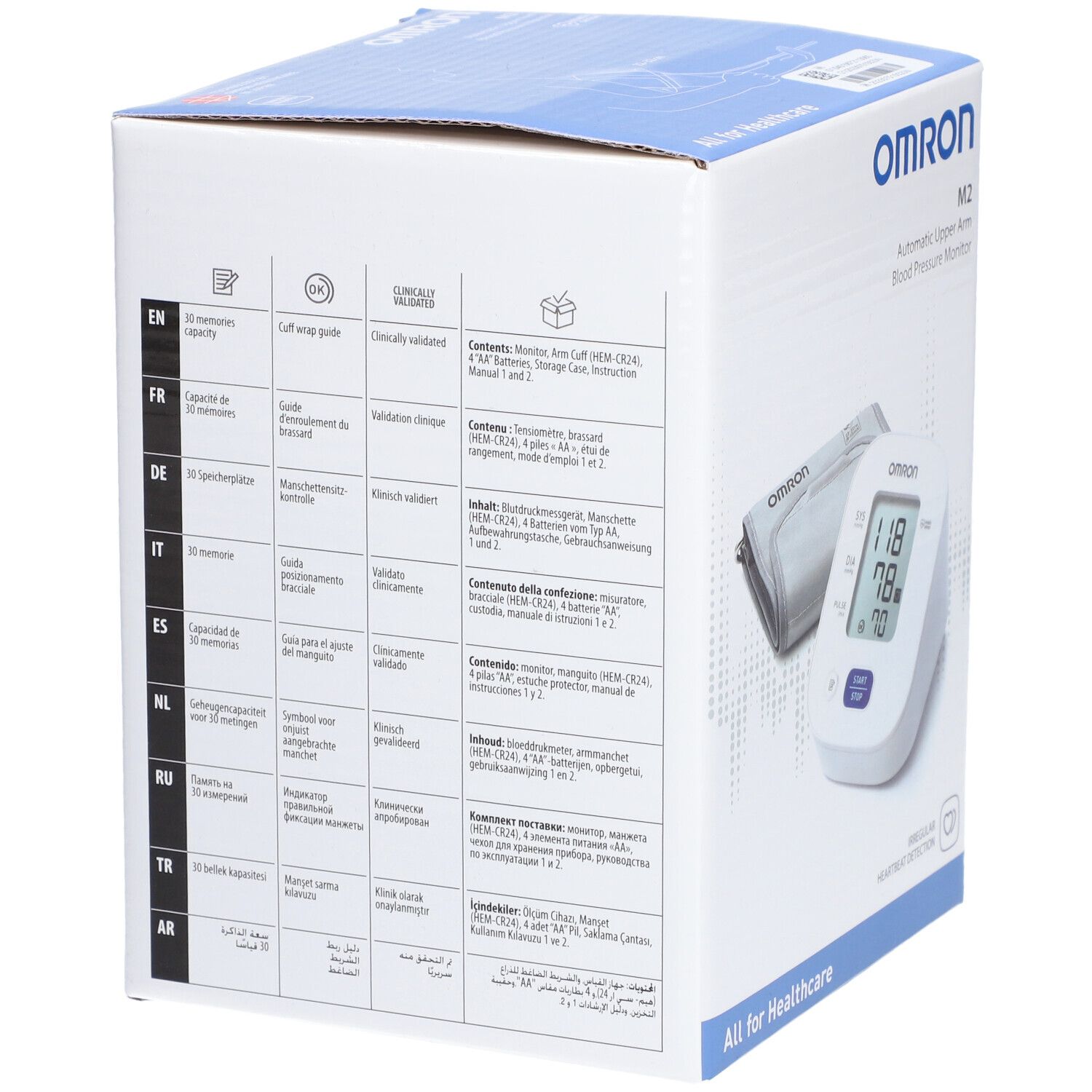 Verpakking van de Omron M2 bloeddrukmeter. Meertalige inhoud en klinische validatie.
