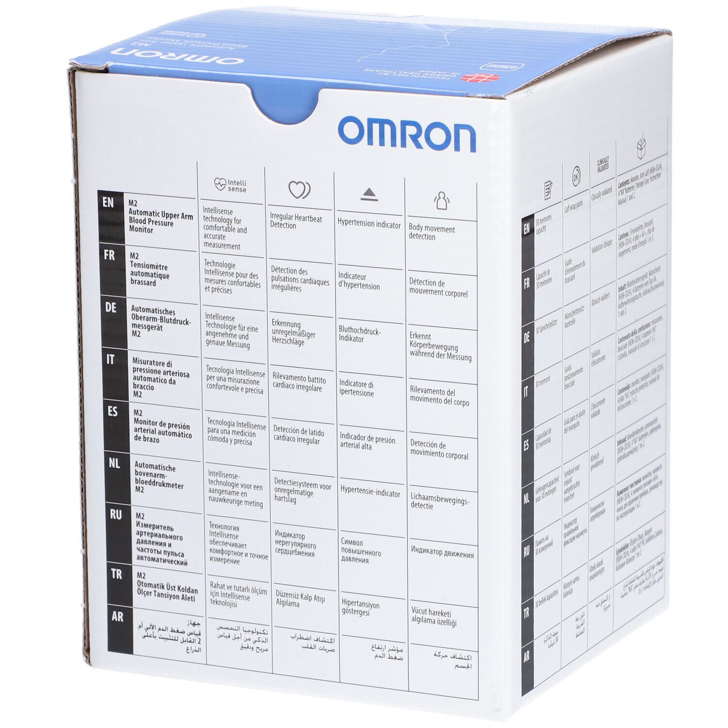 Achterkant van de Omron M2 verpakking. Pictogrammen en informatie over functies zoals onregelmatige hartslag.