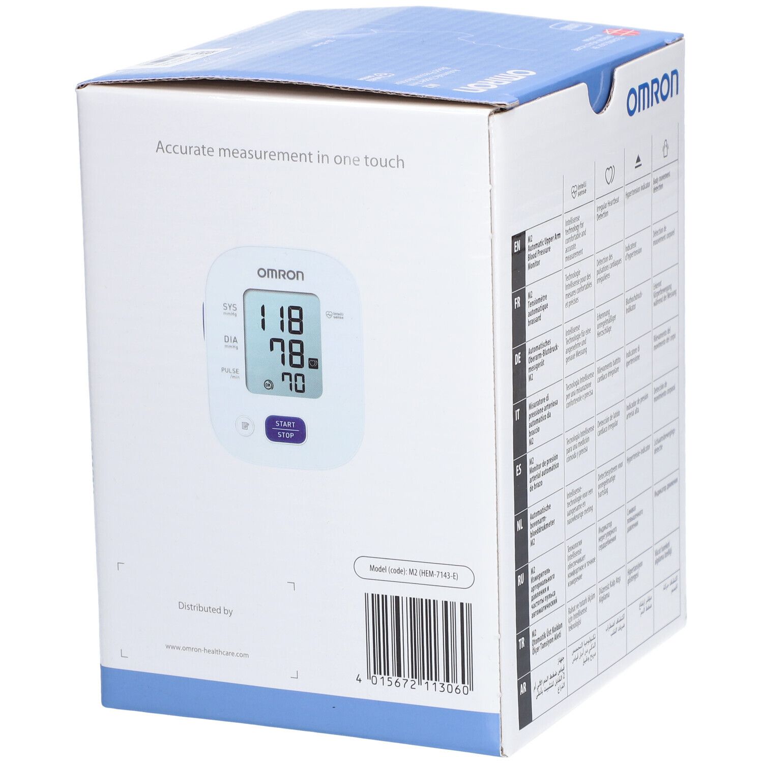 Achterkant van de Omron M2 verpakking. Productnaam, modelnummer en barcode.