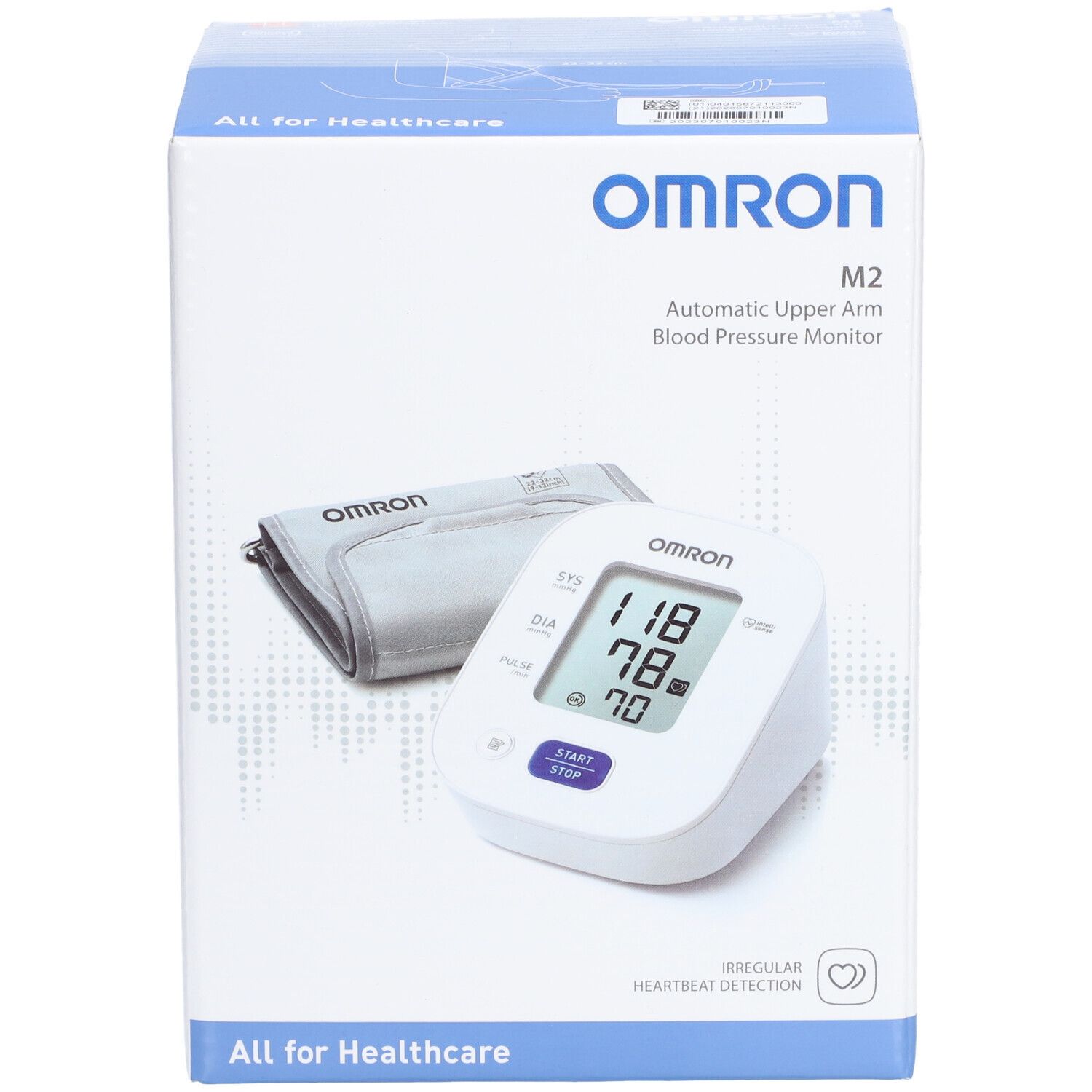 Omron M2 bloeddrukmeter in verpakking. Apparaat, manchet en display met meetwaarden.