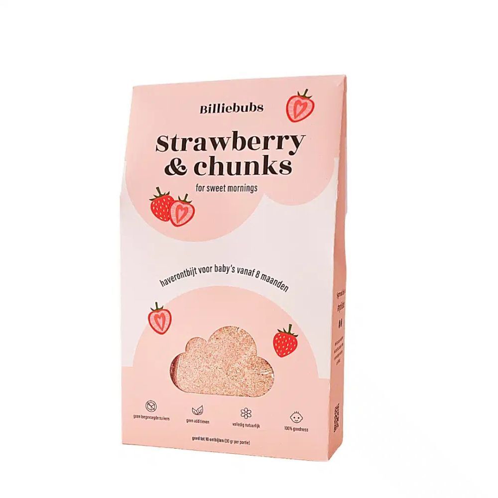 Rosa Verpackung mit BILLIEBUBS, Erdbeer-Chunks für süße Morgen. Sichtbares Produkt in Wolkenform. Erdbeer-Illustrationen.