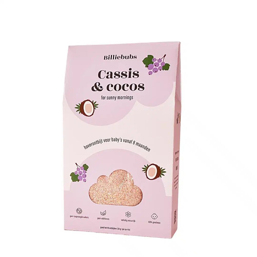 Rosa Verpackung mit BILLIEBUBS, Cassis & Cocos. Abbildung von Kokosnuss und Johannisbeeren. Haferbrei für Babys ab 8 Monaten.