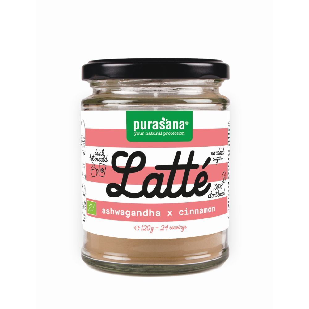 Pot en verre avec Latté Ashwagandha x Cinnamon. Ingrédients visibles. 120g - 24 portions. Couvercle noir.