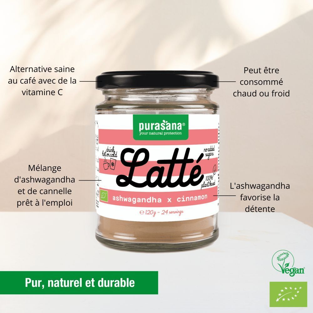 Pot de Latté Ashwagandha x Cinnamon. Inscriptions: Peut être consommé chaud ou froid. Label vegan.