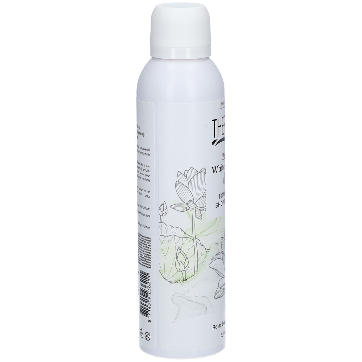 Weiße Flasche, Seitenansicht. Text: THERME Zen White Lotus Foaming Shower Gel. Abbildung einer Lotusblüte.