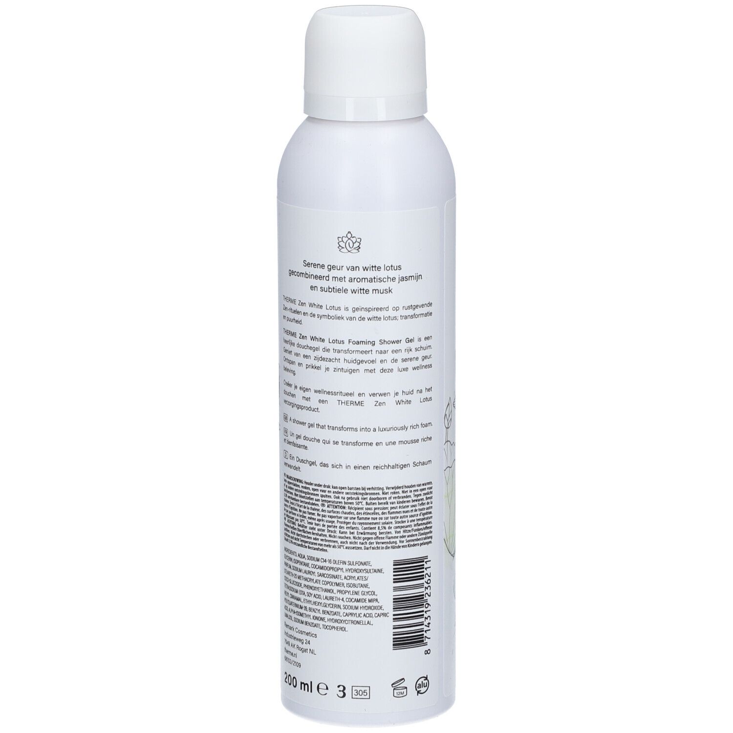 Weiße Flasche, Rückseite. Text und Informationen zum Produkt. Abbildung einer Lotusblüte. Vegan-Logo.