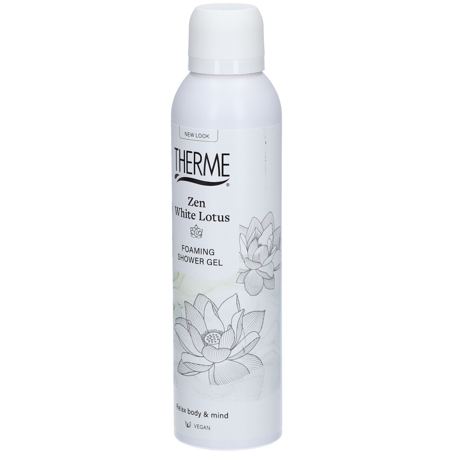 Weiße Flasche mit THERME-Logo und Text: Zen White Lotus Foaming Shower Gel. Abbildung einer Lotusblüte.