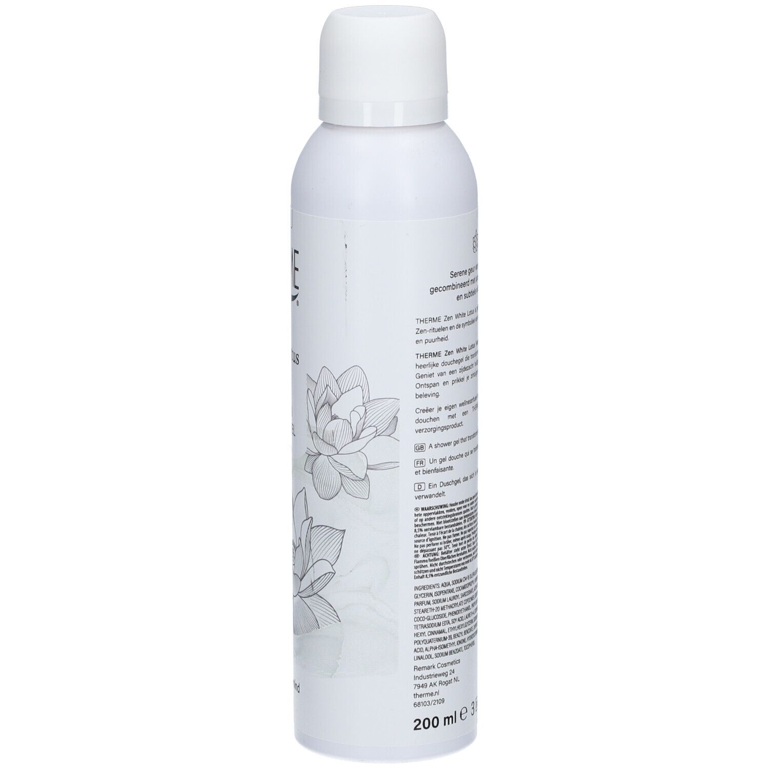 Weiße Flasche, Rückseite. Text und Informationen zum Produkt. Abbildung einer Lotusblüte. 200 ml.