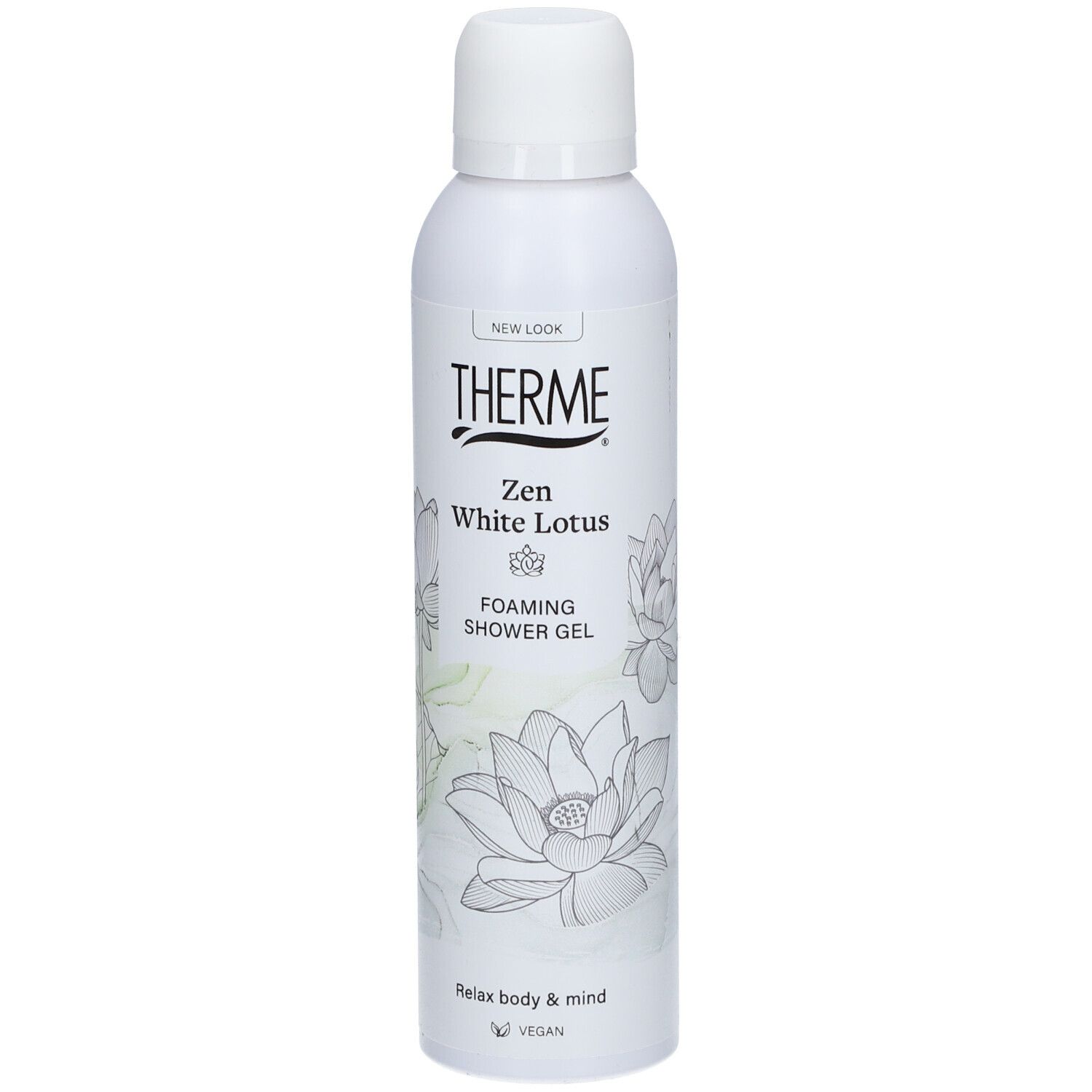Weiße Flasche mit THERME-Logo und Text: Zen White Lotus Foaming Shower Gel. Abbildung einer Lotusblüte.