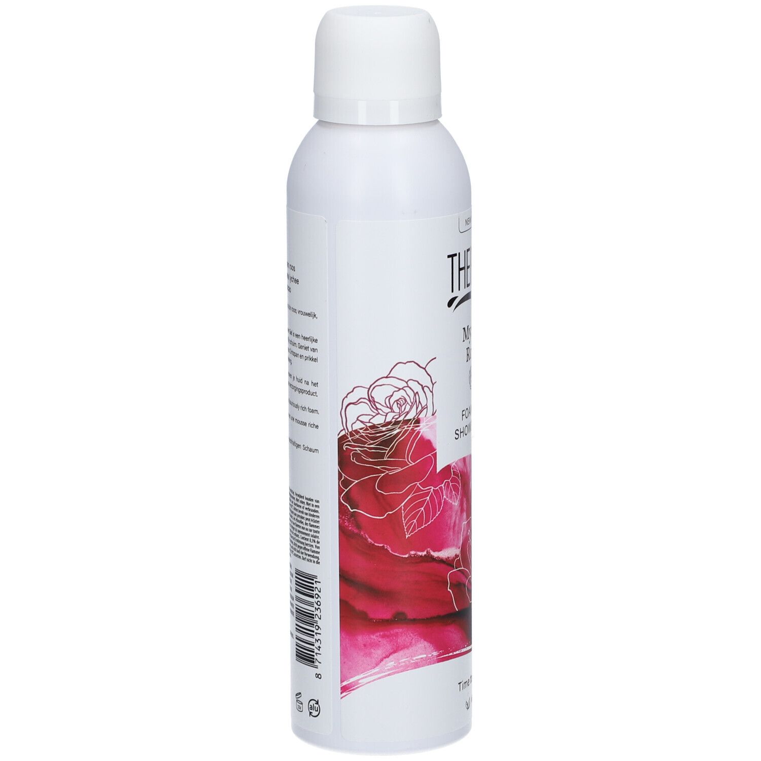 Weiße Flasche THERME Mystic Rose. Aufschrift: Foaming Shower Gel. Rückseite mit Text und Rosenzeichnung. Vegan-Siegel.