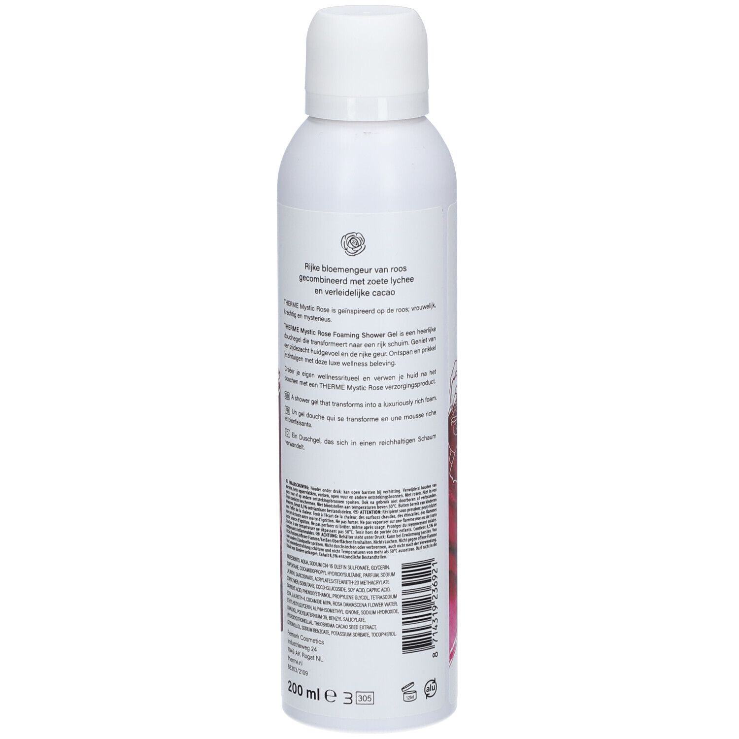 Weiße Flasche THERME Mystic Rose. Rückseite mit Text. 200 ml. Vegan-Siegel. Text in mehreren Sprachen.