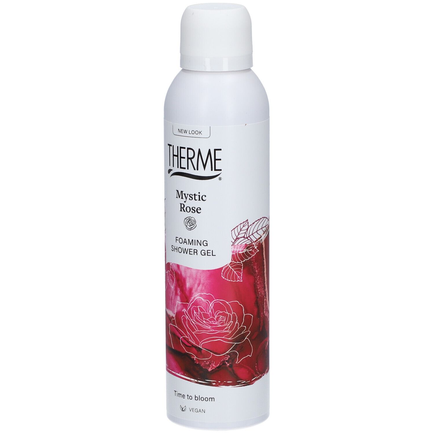 Weißes THERME Mystic Rose Duschgel. Aufschrift: Foaming Shower Gel. Abbildung einer Rose. Vegan-Siegel.