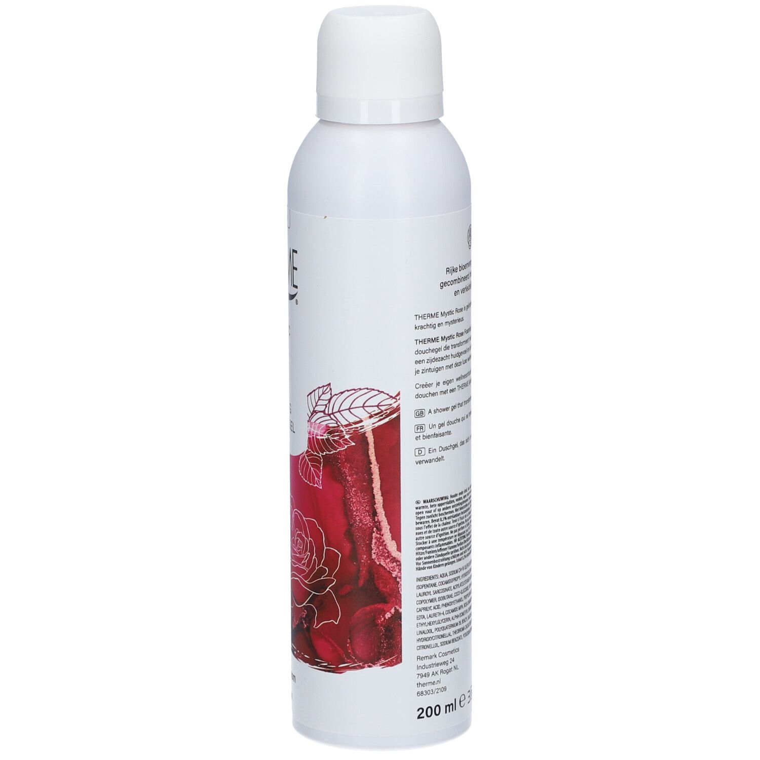 Weiße Flasche THERME Mystic Rose. Rückseite mit Text. 200 ml. Vegan-Siegel. Text in mehreren Sprachen.