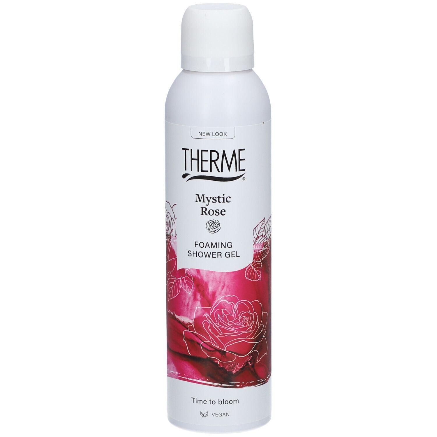 Weißes THERME Mystic Rose Duschgel. Aufschrift: Foaming Shower Gel. Abbildung einer Rose. Vegan-Siegel.