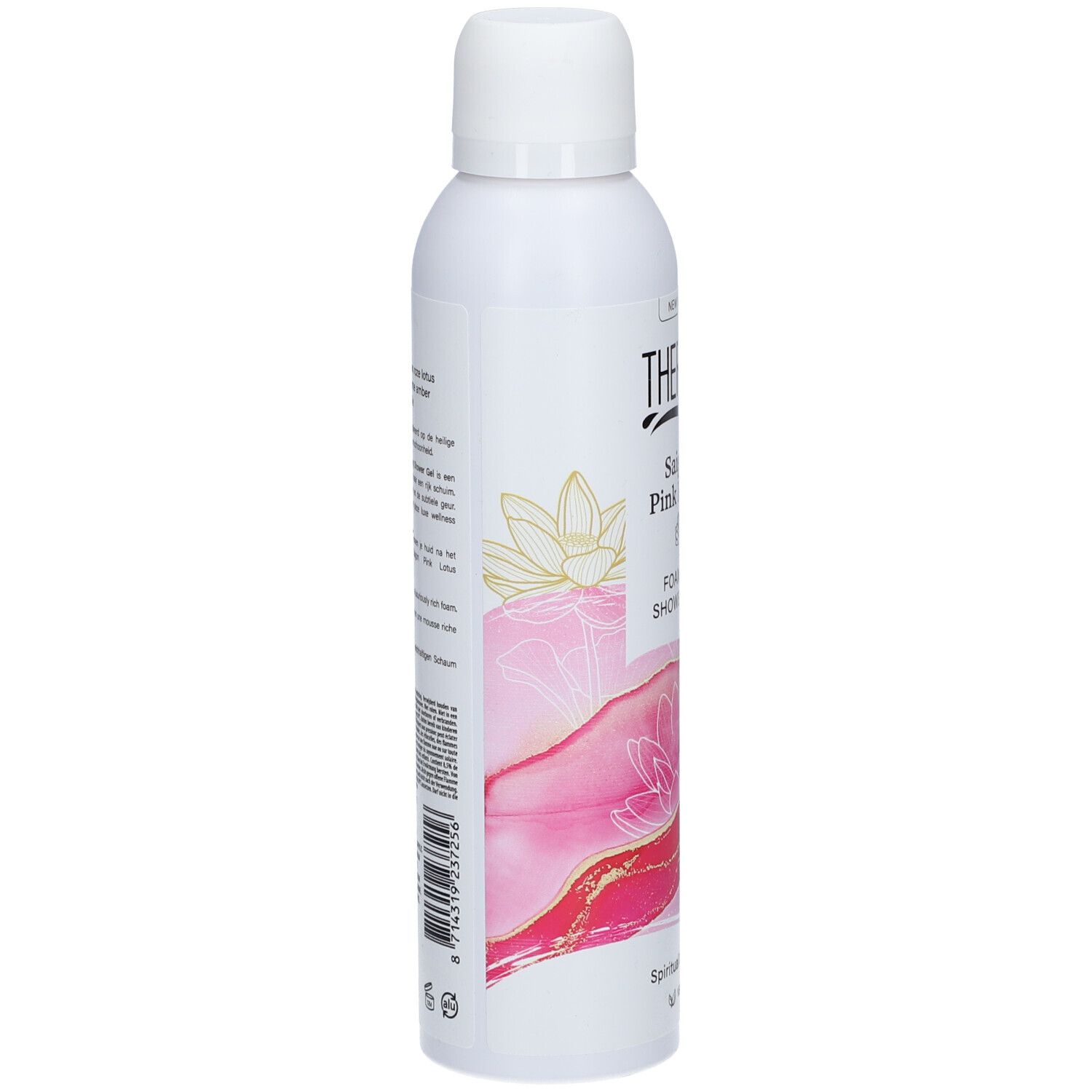 Weiße Flasche mit THERME-Logo und Text. Seitenansicht mit Text und floralem Design. Vegan-Siegel.