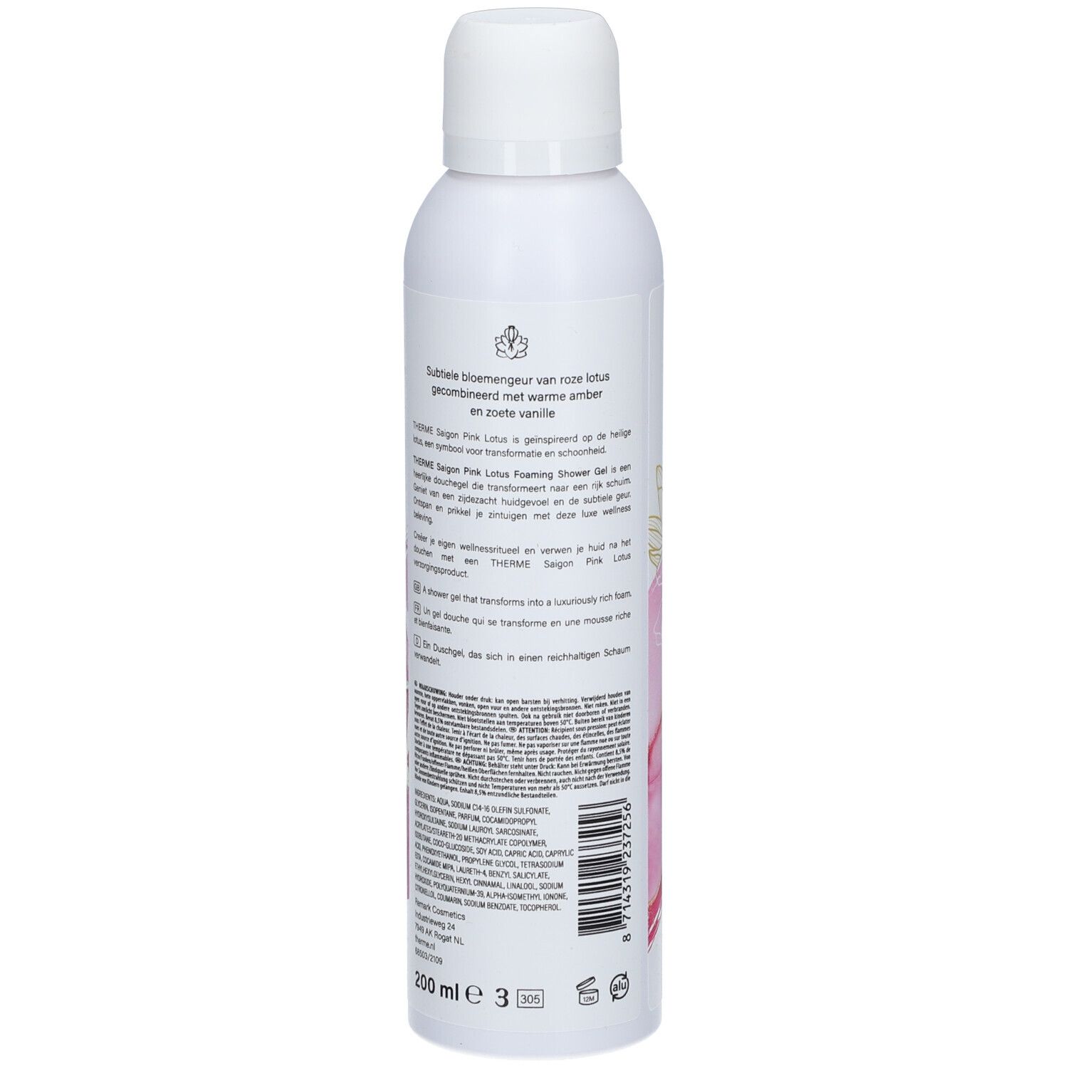 Rückseite einer weißen Flasche mit Text und floralem Design. Vegan-Siegel. 200 ml. Text in mehreren Sprachen.