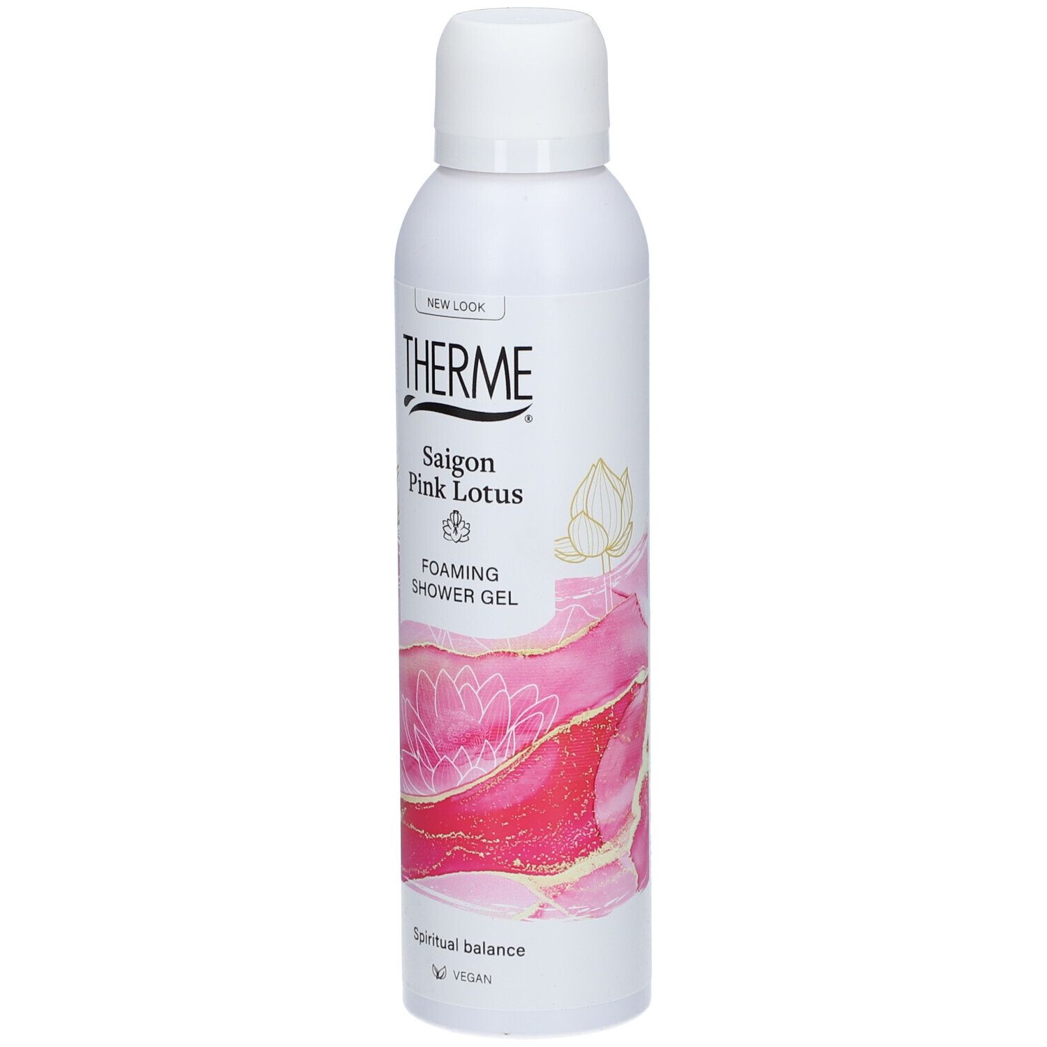 Weiß-rosa Flasche mit THERME-Logo und Text: Saigon Pink Lotus Foaming Shower Gel. Vegan-Siegel.