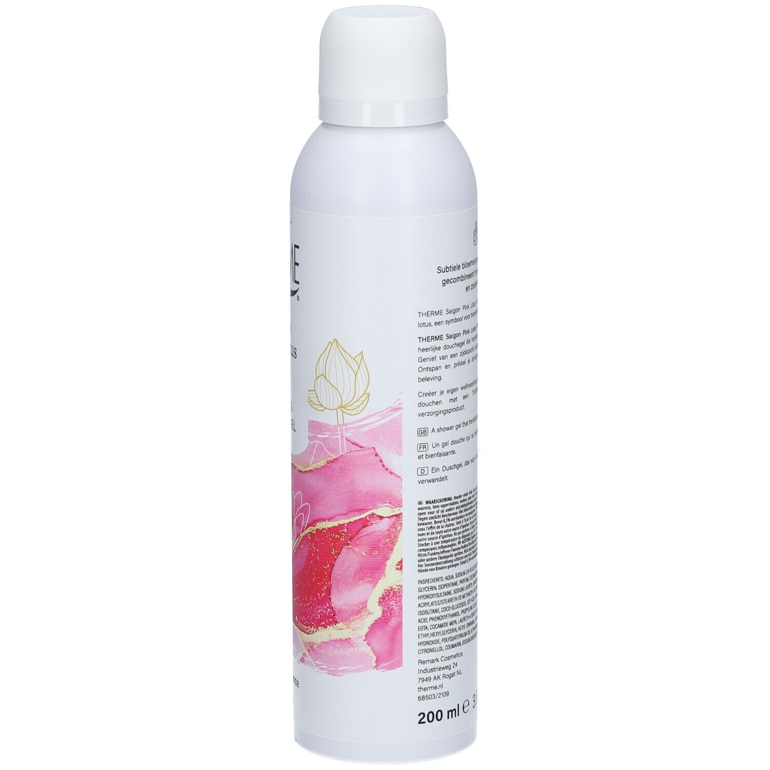 Rückseite einer weißen Flasche mit Text und floralem Design. Vegan-Siegel. 200 ml. Text in mehreren Sprachen.