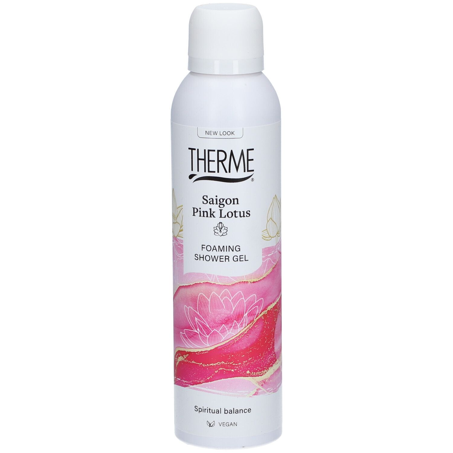 Weiß-rosa Flasche mit THERME-Logo und Text: Saigon Pink Lotus Foaming Shower Gel. Vegan-Siegel.