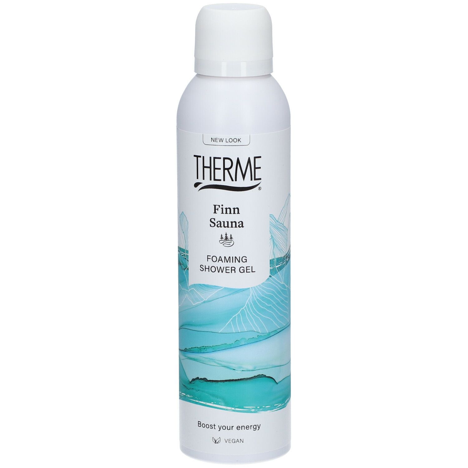 Witte fles THERME Finn Sauna Douchegel. Opschrift: Foaming Shower Gel. Vegan logo.