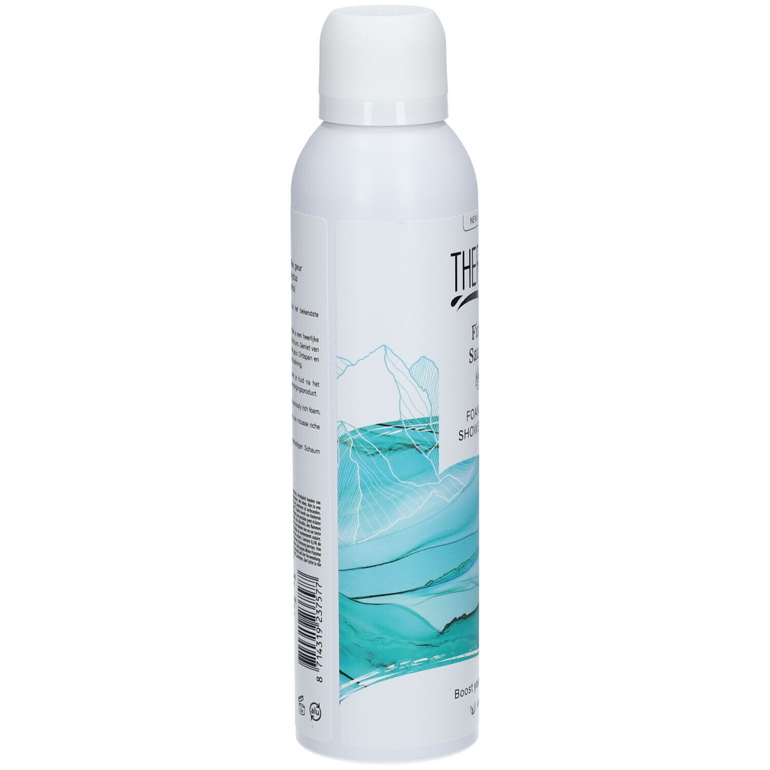 Witte fles THERME Finn Sauna Douchegel. Achterkant met tekst en barcode. Vegan logo.