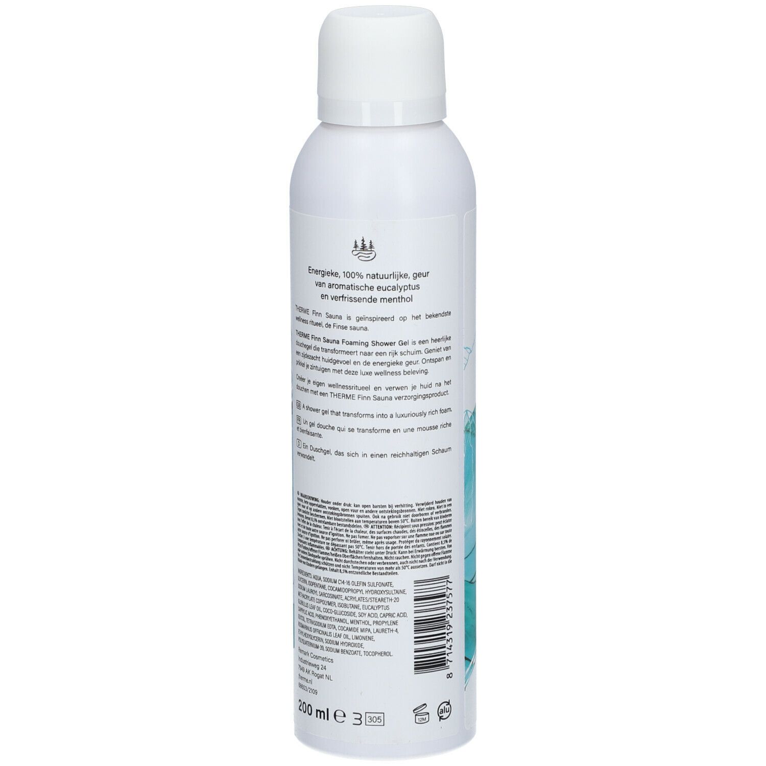 Achterkant witte fles THERME Finn Sauna Douchegel. Tekst in meerdere talen. 200 ml.