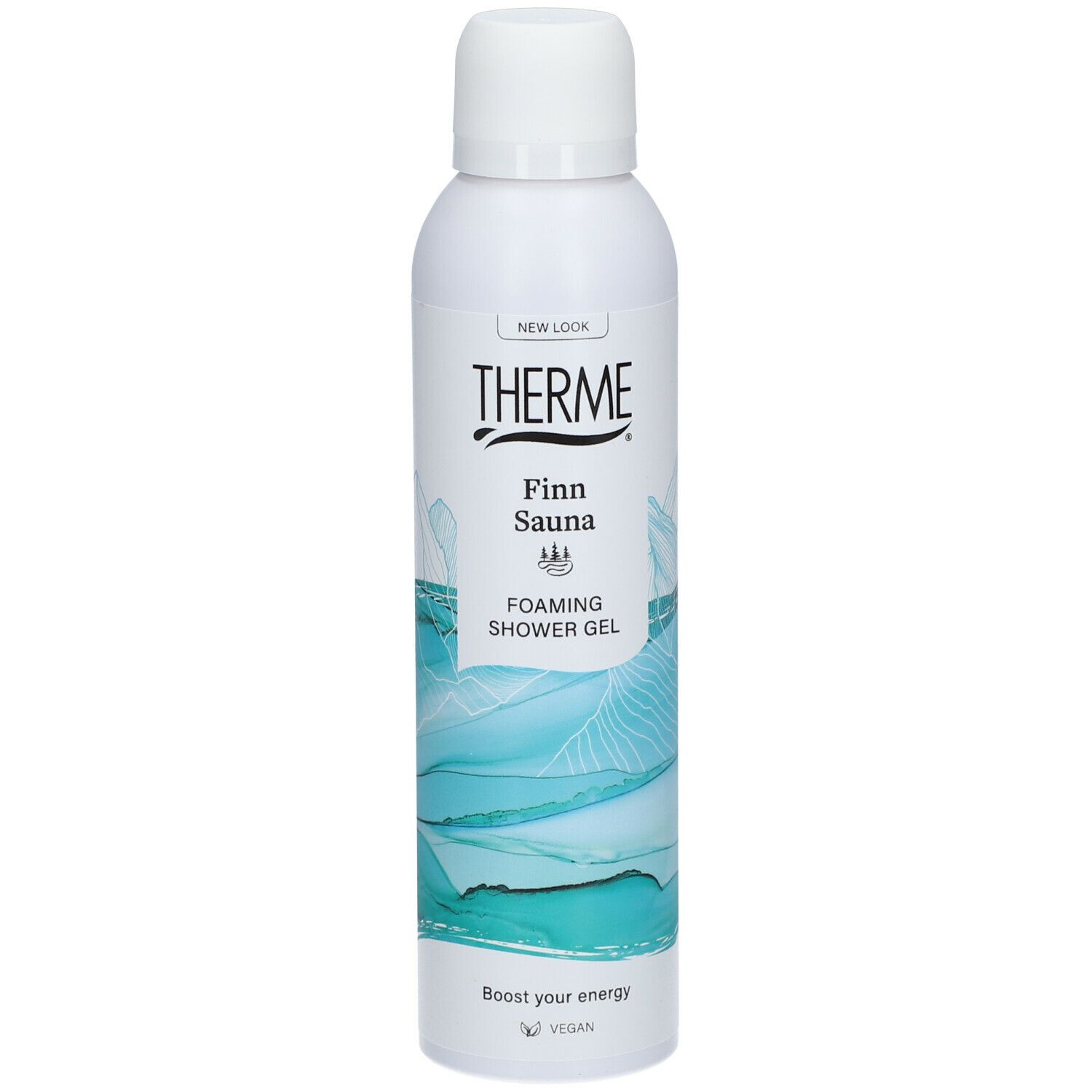 Witte fles THERME Finn Sauna Douchegel. Opschrift: Foaming Shower Gel. Vegan logo.