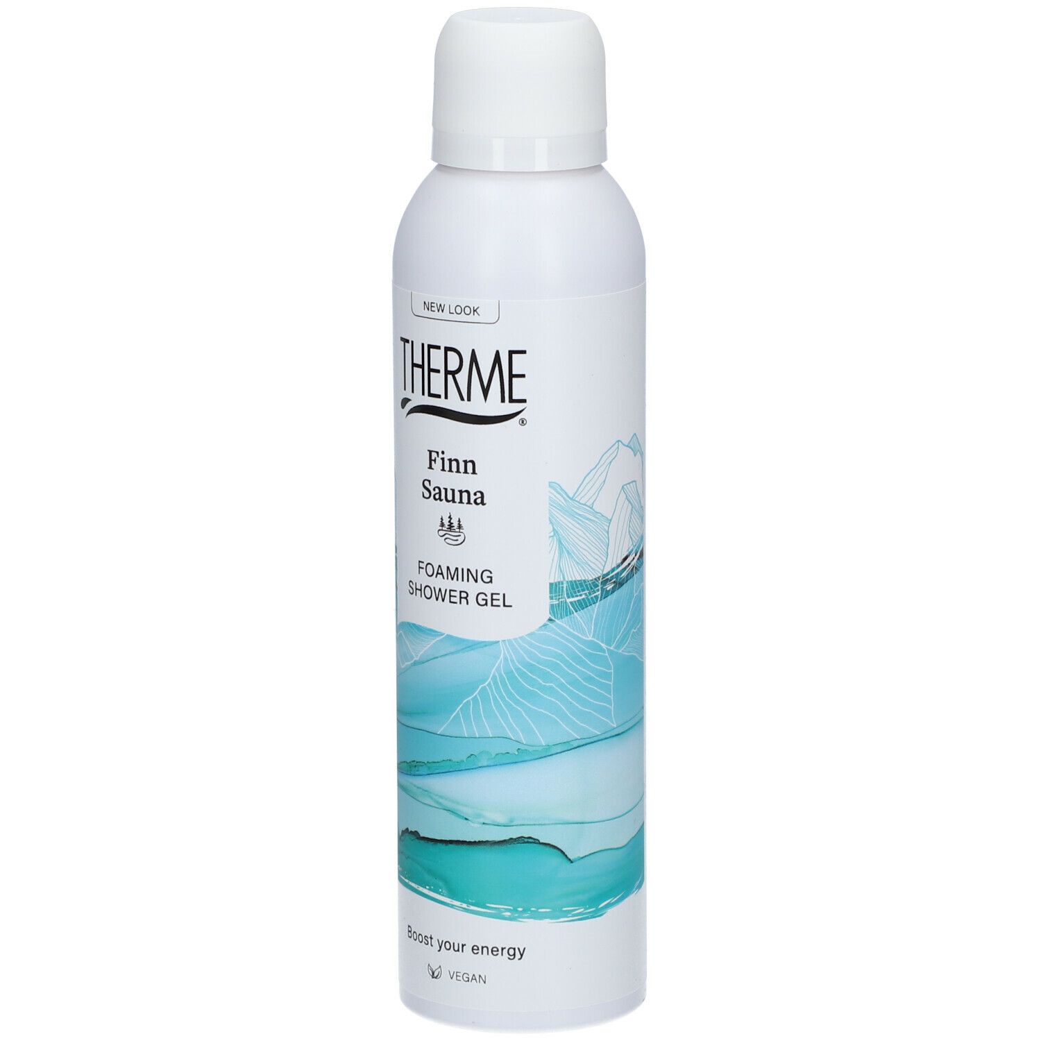 Witte fles THERME Finn Sauna Douchegel. Opschrift: Foaming Shower Gel. Vegan logo.