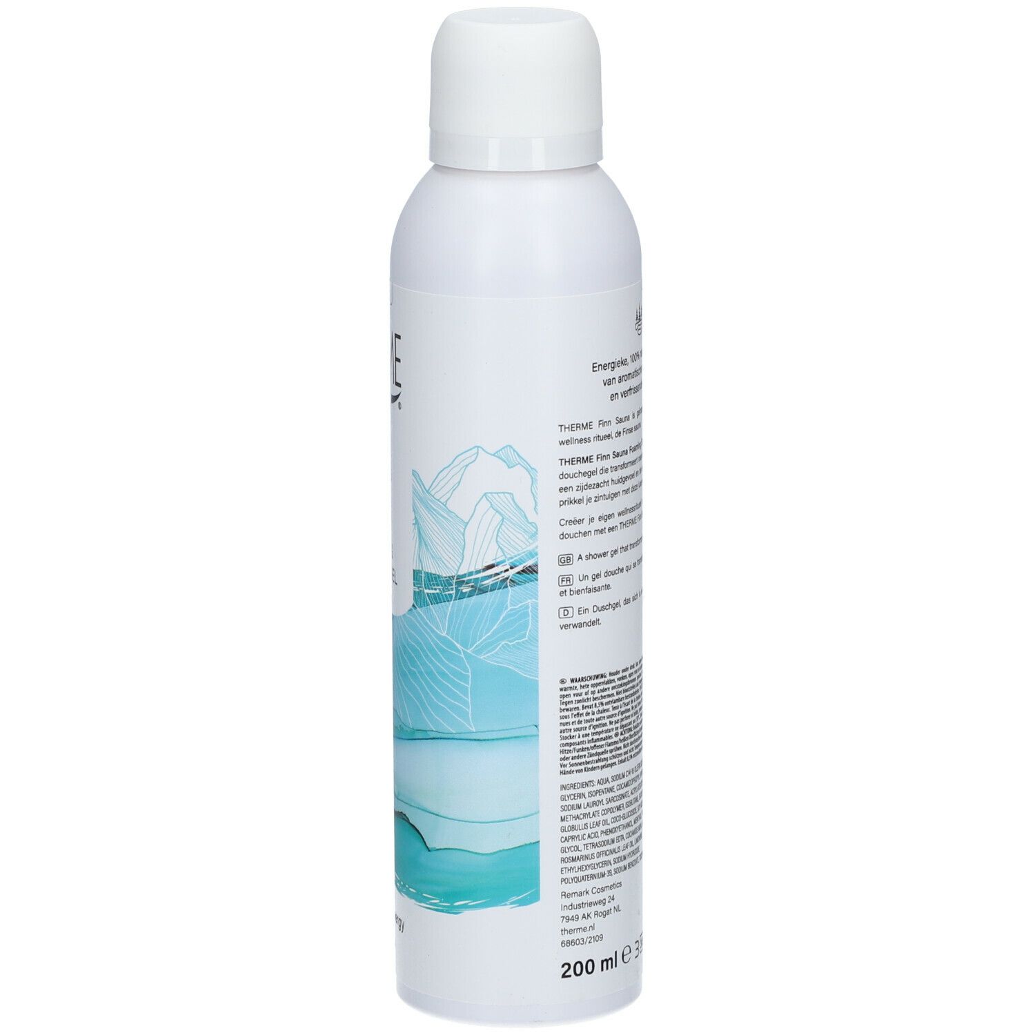 Achterkant witte fles THERME Finn Sauna Douchegel. Tekst in meerdere talen. 200 ml.