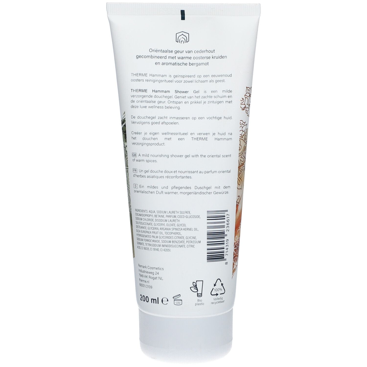 Rückseite einer weißen Tube. Text in mehreren Sprachen. Inhaltsstoffe, Logo, Recycling-Symbole, 200 ml.