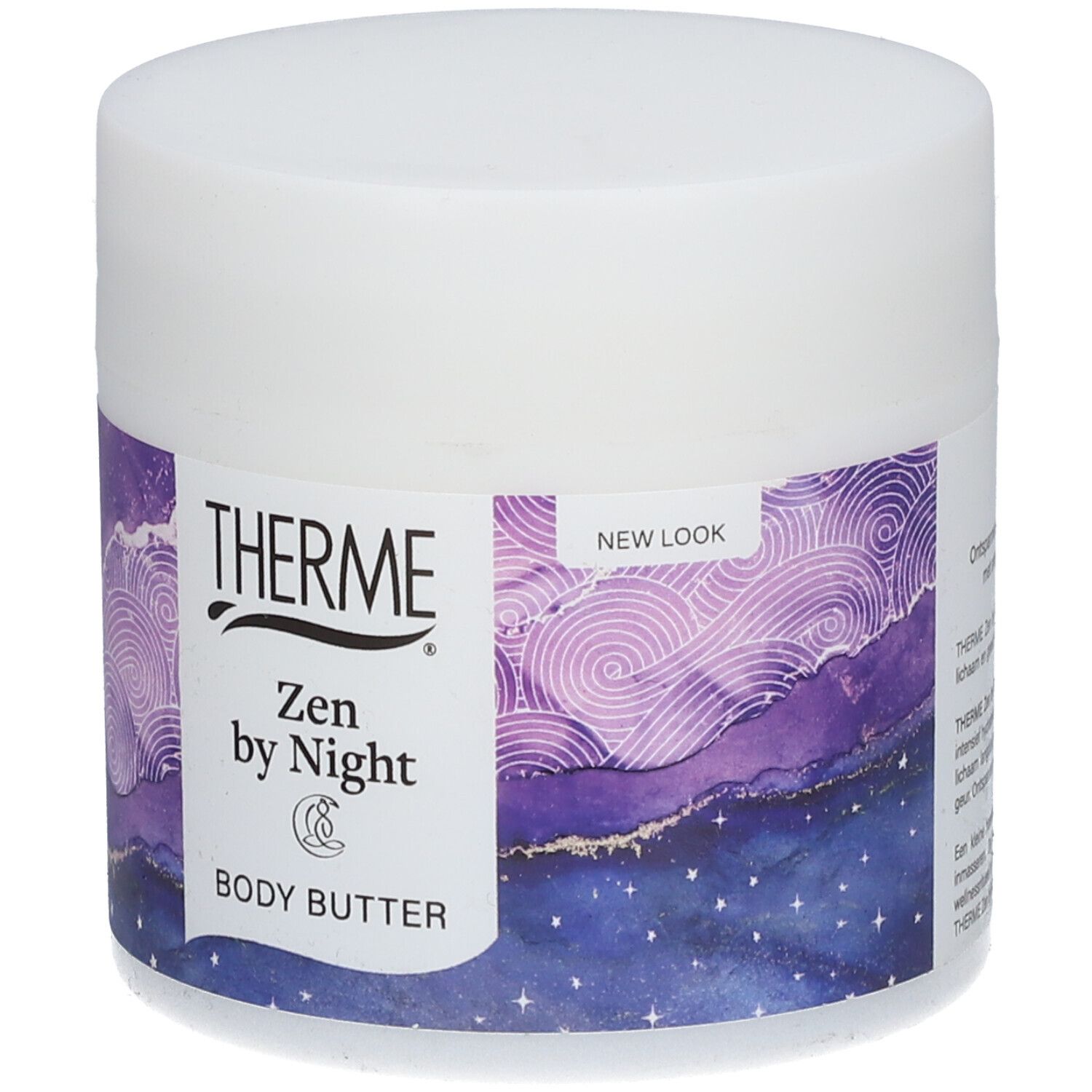 Weißer Tiegel mit lila-blauem Etikett. Aufschrift THERME, Zen by Night, Body Butter. Deckel.