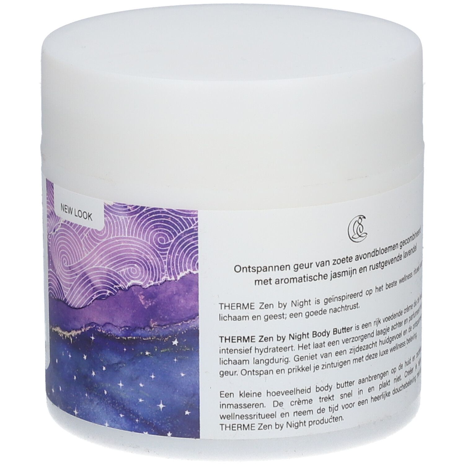 Weißer Tiegel mit lila-blauem Etikett. Aufschrift THERME, Zen by Night, Body Butter. Deckel.