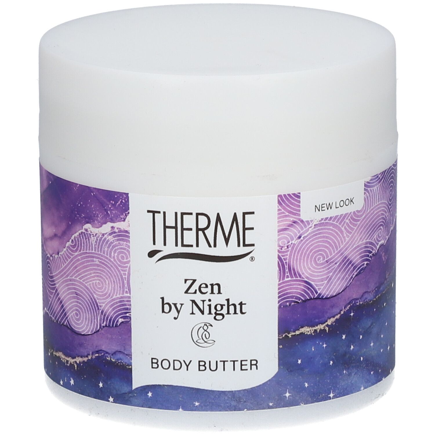 Weißer Tiegel mit lila-blauem Etikett. Aufschrift THERME, Zen by Night, Body Butter. Deckel.
