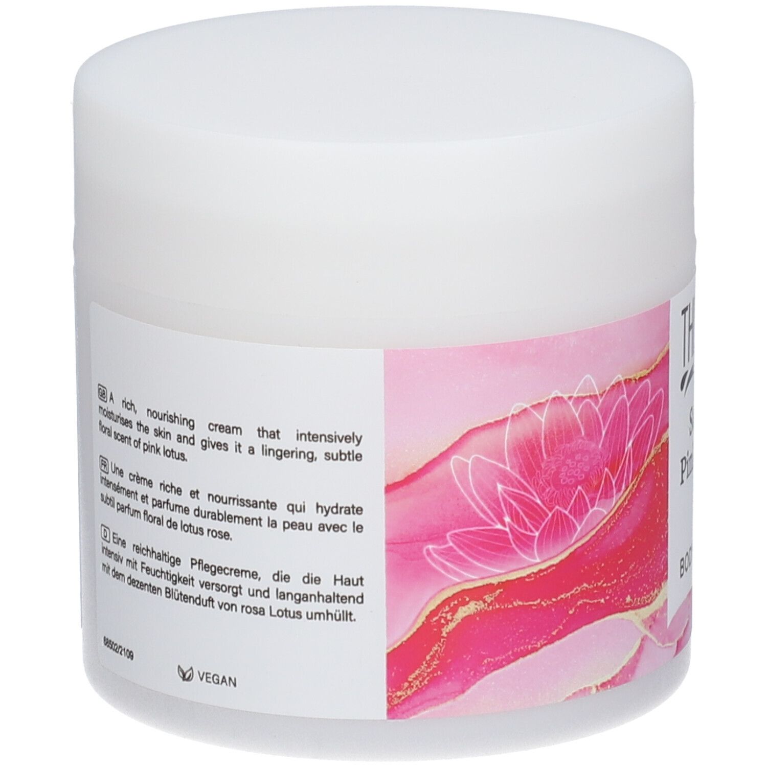 Weißer Tiegel mit rosa Etikett. Text: Reichhaltige Pflegecreme, die die Haut mit Feuchtigkeit versorgt. Vegan.