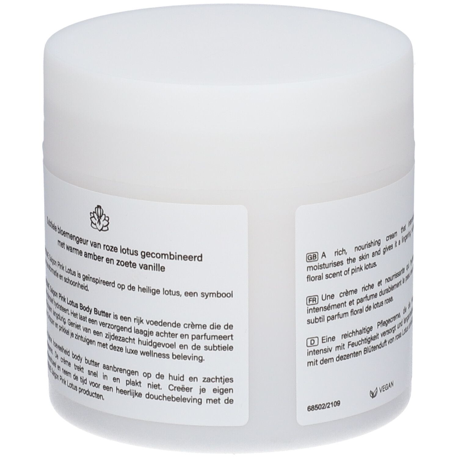 Weißer Tiegel mit Text. Text: THERME Saigon Pink Lotus Body Butter. Vegan. Mit Lotusblüten-Design.