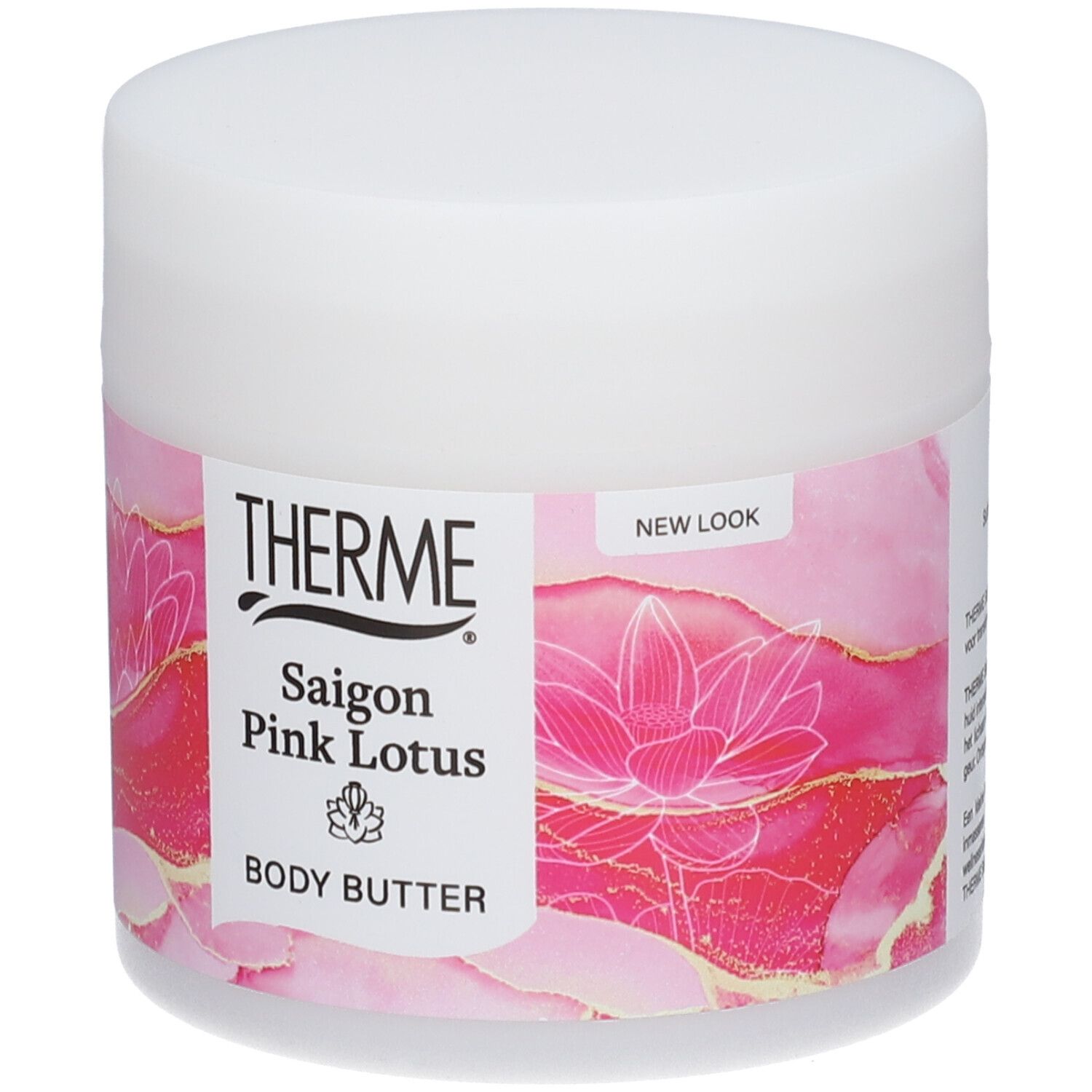 Weißer Tiegel mit rosa Etikett. Aufschrift: THERME Saigon Pink Lotus Body Butter. Mit Lotusblüten-Design.